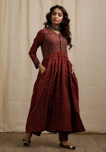 Red Ajrakh Print Flaredand Gathered Kurta with Pockets